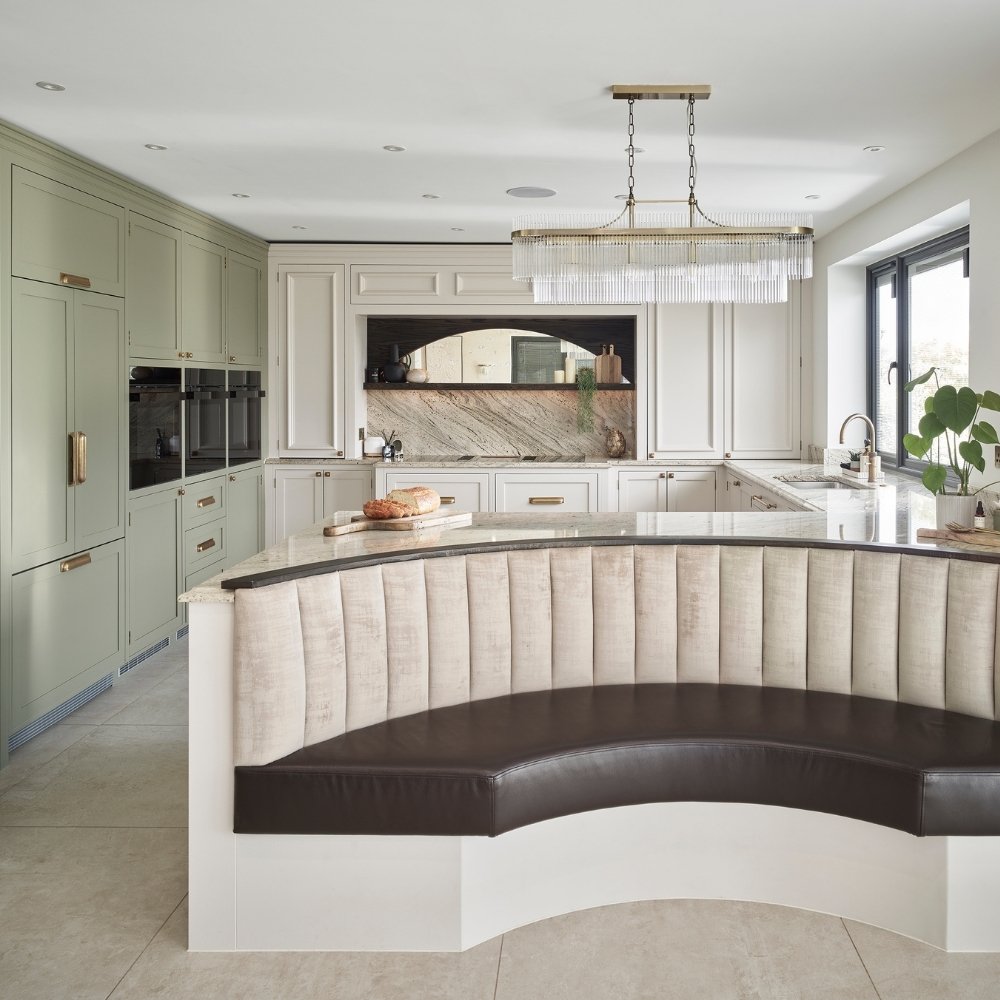 bench seat in green and cream kitchen