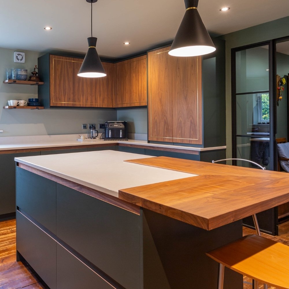 Wooden and stone worktop on a kitchen island